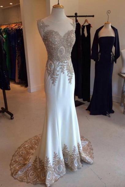 long white prom dress, charming applique Prom Dresses, 2016 formal Evening Gown, mermaid prom dress,charming evening gown