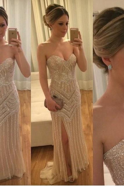 Mermaid Prom Dresses,Champagne Prom Dress,Slit Prom dress,Modest Evening Gowns,Elegant Party Dresses,Long Evening Gowns