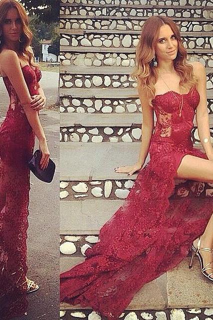 Modest Prom Dresses,Sexy New Prom Dress,Burgundy Lace Prom Dress Formal Occasion Dresses