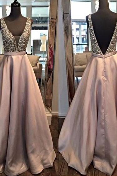 Champagne Prom Dresses,v-neck Beaded Prom Dresses,satin Prom Dresses,long Sexy Prom Dresses,junior Prom Dress,formal Evening Dresses Gowns,party