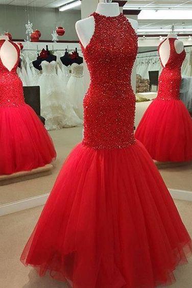 Pretty Red Prom Dresses,sparkle Evening Dresses,open Back Prom Dresses,sleeveless Prom Gowns,lace Prom Dresses,beading Prom Dresses,classy Prom