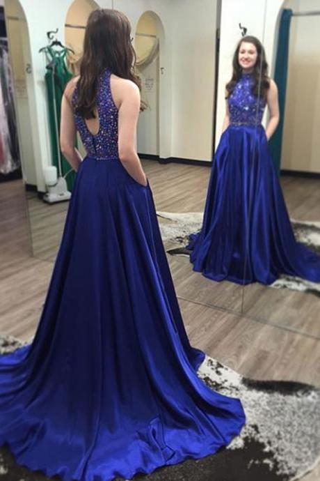 Royal Blue Prom Dresses,Sexy Prom Dresses,Sleeveless Evening Dresses,Beaded Prom Gowns,Court Train Prom Dresses,Royal Blue Pageant Dress,Prom Dress with Beadings,Prom Dresses
