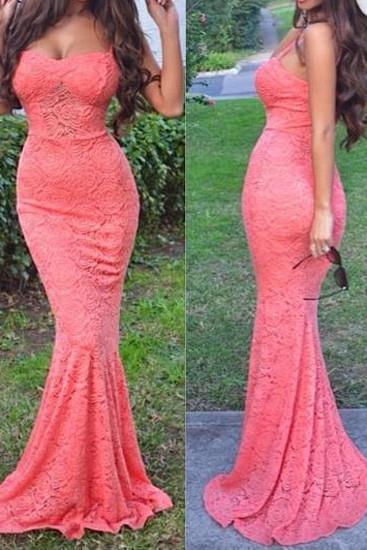 Light sweetheart spaghetti strap long mermaid lace prom dress