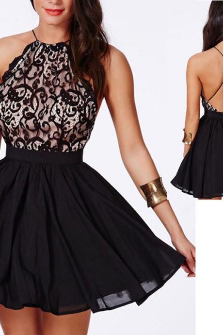 Backless black lace and chiffon short prom dress,sexy cocktail party dress,homecoming dresses