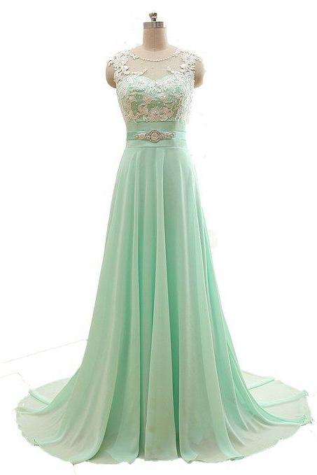 Sleeveless Mint Chiffon With Ivory Lace A Line Floor Lengthe Long Evening Prom Dress Formal,small Train Party Dress,long Cocktail Dresses