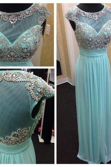 Mint green chiffon and tulle boat neck cap sleeve A line floor length beaded long formal Evening Prom dress
