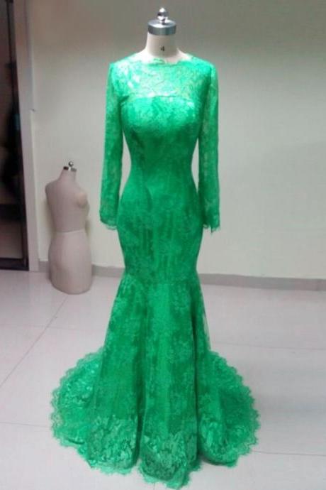 High Neck Elegant Long Sleeves Green Lace Mermaid Prom Dress 2017, Party Dress,evening Dress 2017