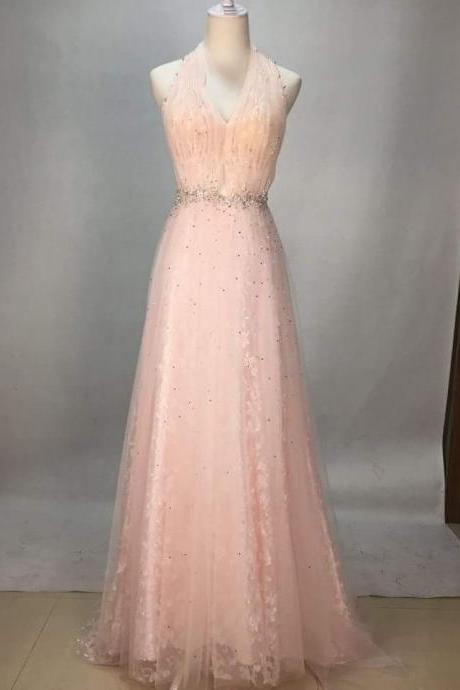 Sexy Pink Halte Neck Sleeveless Beaded Chiffon Long Prom Dress