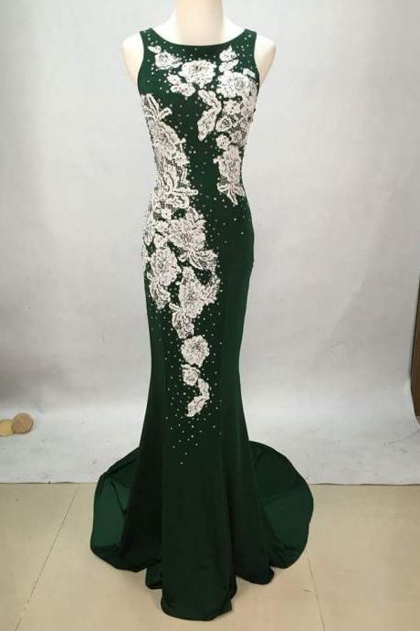 Sexy White Lace Applique Green Chiffon Long Prom Dress