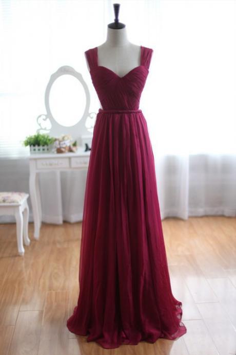 Elegant Sweetheart Backless Burgundy Floor Length Chiffon Bridesmaid Dress, Burgundy Prom Dress