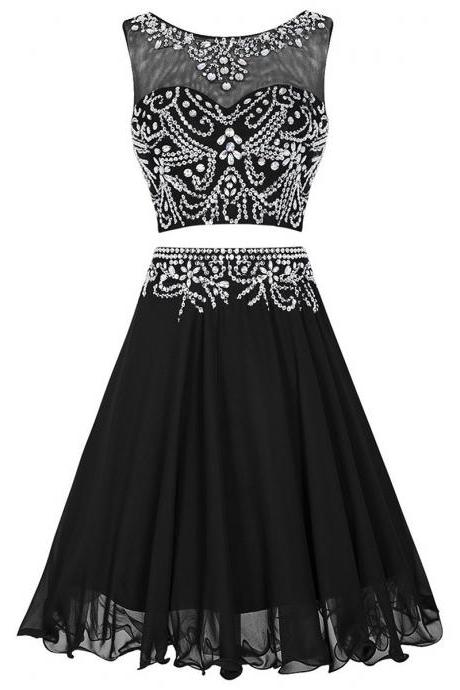 Scoop Neck Illusion Beaded Tulle Prom Dress, Black Two Piece Chiffon Short Prom Dress, Sequins Key Hole Back Mini Prom Dress