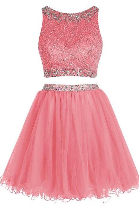 Bateau Neck Illusion Pink Short Prom Dress, Crystal Beaded Two Piece Prom Dress, Sequined Crop Top Tulle Mini Prom Dress