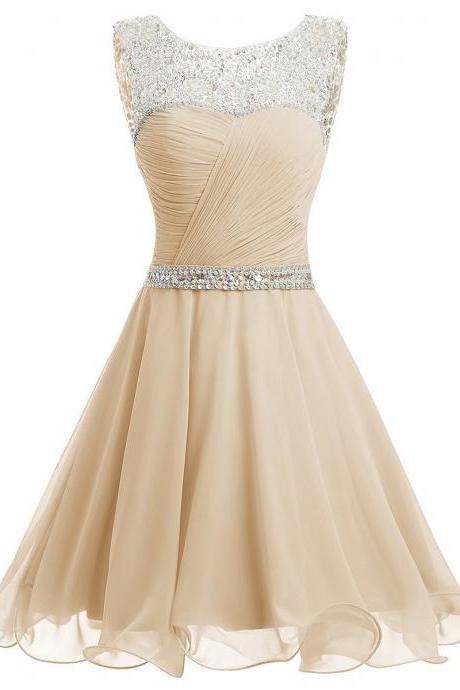 Bateau Neck Beaded Tulle Illusion Prom Dress, Sequined Belt Ivory Blue Short Prom Dress, Open Back Mini Chiffon Prom Dress