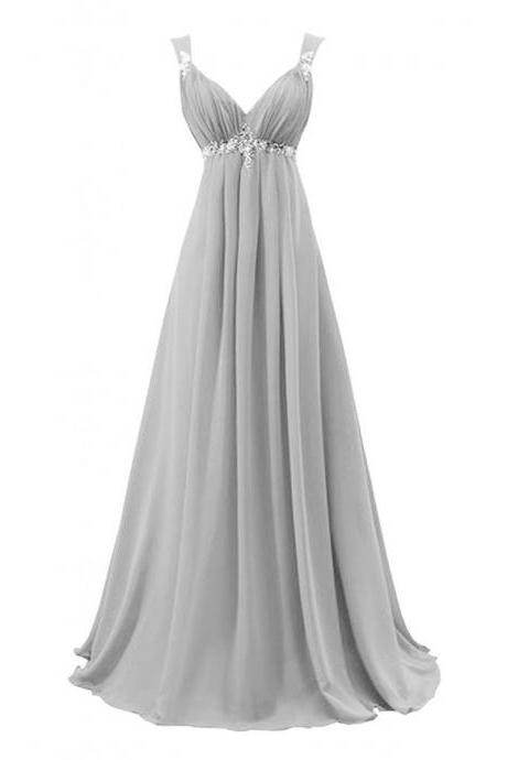 Chic Light Gray V Neck Long Prom Dress, Beaded Empire Floor Length Prom Dress, Elegant Sleeveless Lace-up Chiffon Prom Dress
