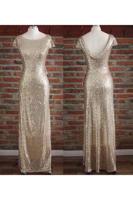 light gold sequin bridesmaid dress, long bridesmaid dress, cap sleeves bridesmaid Dress, sparkle bridesmaid dress, 2017 discount Bridesmaid Dress