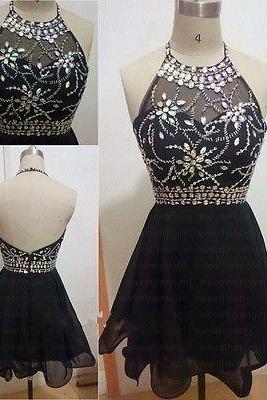 charming homecoming dress, beading homecoming dress, halter prom dress, black prom dress, party dress for girls