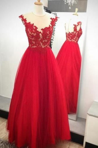 Red A-line Prom Dress,long Evening Dress,appliques Prom Dress ,charming Prom Dress