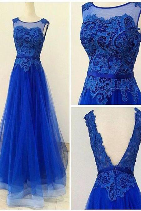 Charming Blue Prom Dresses, Blue Lace And Tulle Prom Dress, Elegant Formal Dress, Modest Prom Dress, A-line Evening Dress, Long Prom Dresses