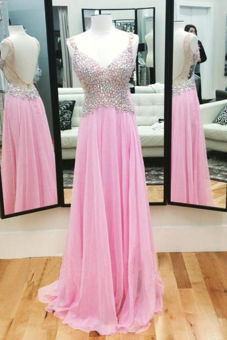 Unique Prom Dress, Sexy V-neck Prom Dress, Pink Rhinestone Prom Dress, Popular Prom Dress, Backless Prom Dress, Evening Dress