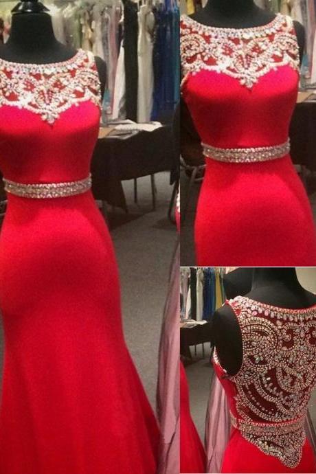 Modest Prom Dresses , Design Red Satin Prom Dress, Slim Prom Dress, Beaded Prom Dress, Long Prom Dress, Prom Dress 2017, Prom Dresses Long