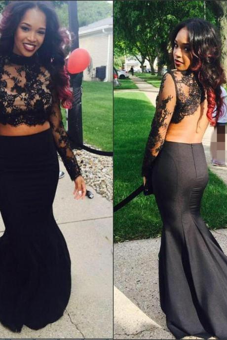 Black Two Piece Long Sleeves Mermaid Lace Prom Dress 2017