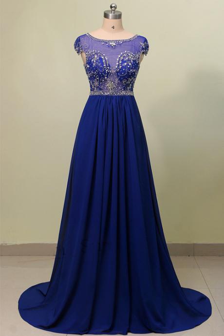 Royal Blue A Line Beaded Long Prom Dress With Cap Sleeves