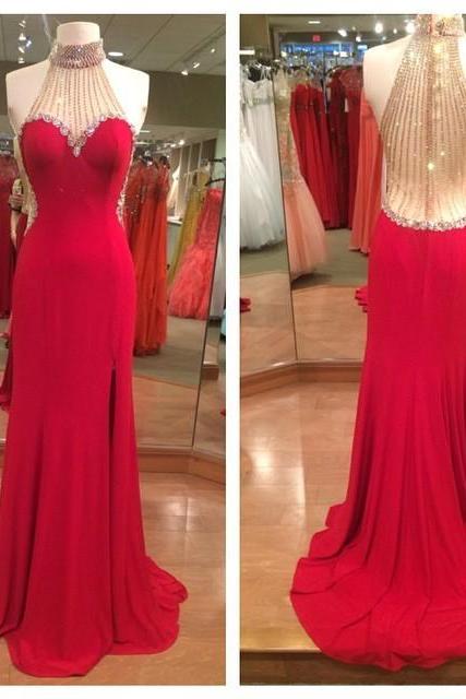 High Neck Slit Illusion Back Prom Dress,red Prom Dresses Prom Dresses,evening Dress