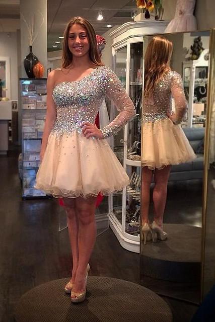 One Shoulder Sparkle Prom Dress,Short Prom Dresses,homecoming dresses