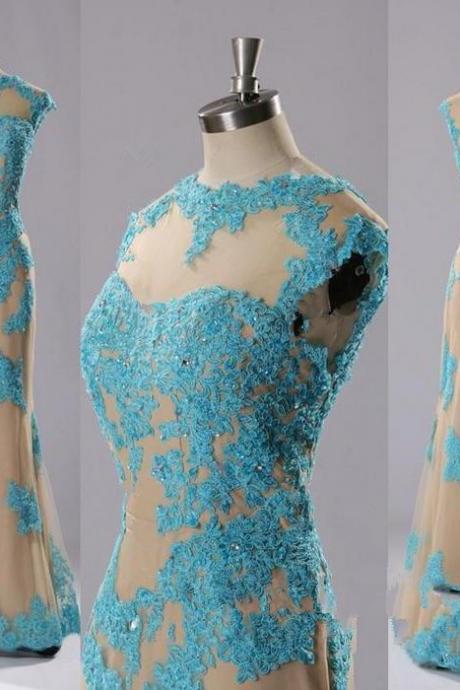 Blue Applique Mermaid Prom Dress,Long Prom Dresses