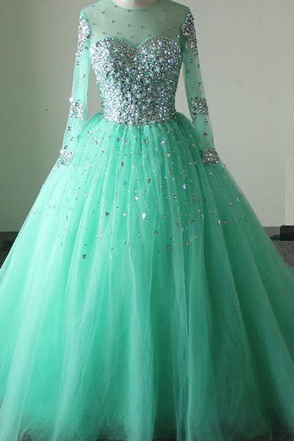 New Arrival Prom Dress,Modest Prom Dress,Sparkly mint green prom dresses,long sleeves prom dress,ball gown quinceanera dress