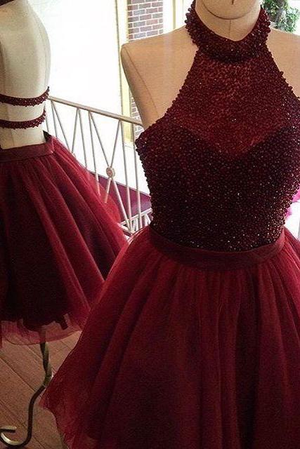 burgundy homecoming dresses,short prom dresses,halter prom gowns,sparkly dress,semi formal dress,beaded prom dress