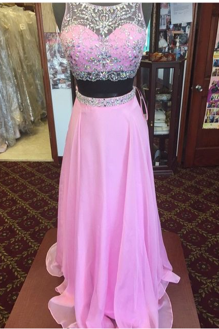 Prom Dress ,beaded Chiffon Prom Dress, A-line Evening Dresses, Two Pieces Prom Dress,pink Chiffon Prom Dresses,two Pieces Party Dresses,prom