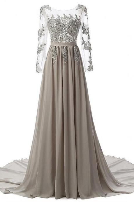 Women's Long Evening Dresses Chiffon Lace A Line Prom Party Gown With Long Sleeves Pd086