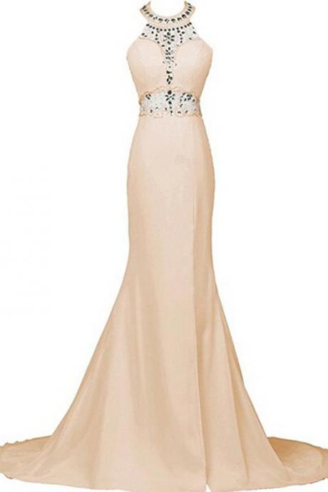 Women's Long Mermaid Chiffon Homecoming Dress Beaded Halter Prom Gowns With Slit Pd084