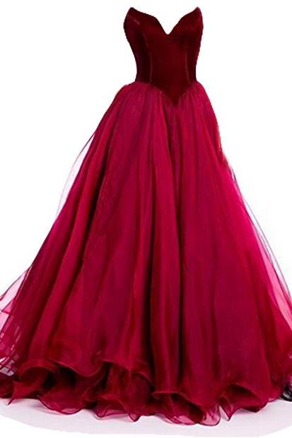 Burgundy V-neck Long Prom Dress With Basque Waist And Velvet Bodice