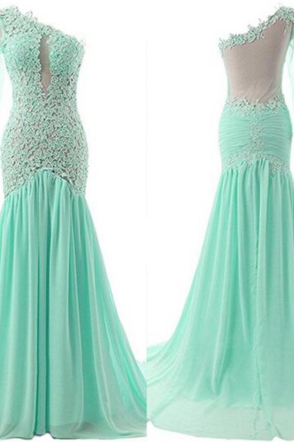 Women's One Shoulder Prom Dress Sexy Mermaid Evening Dress Chiffon Party Gown With Lace Appliques Pd074