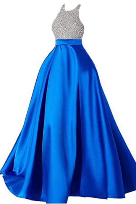 Women's Satin Prom Dress Halter Beaded Prom Gown Sequins Backless Long Evening Dresses