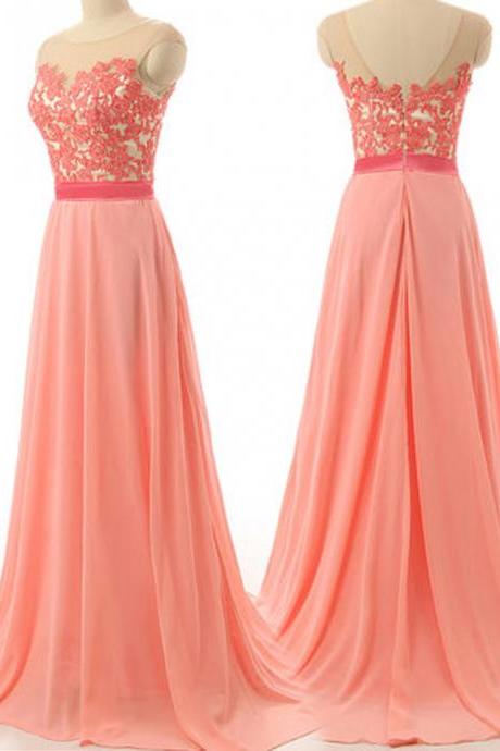 Women's Coral Sweep Train Prom Dress Open Back Bridesmaid Dress Chiffon Evening Dress Lace Applique Prom Gown