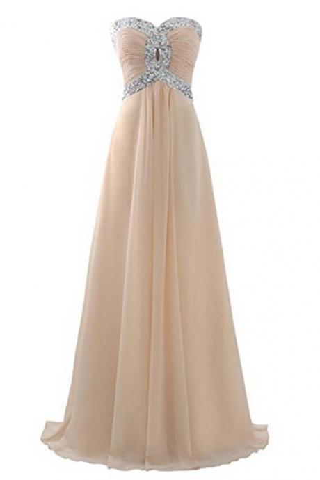 Women's Sweetheart Chiffon Bridesmaid Dress Crystal Beaded Prom Gown Empire A-line Bridal Evening Dress