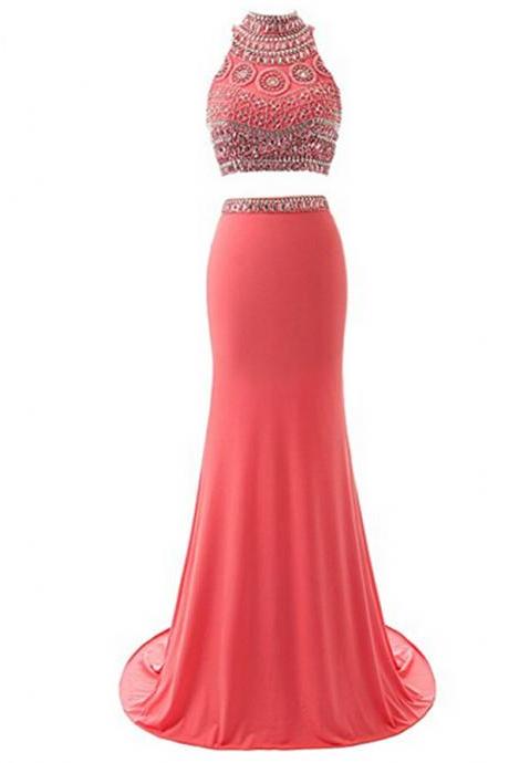 Women's Two Pieces Evening Gowns Chiffon Beaded Prom Dresses Long A-line Bridesmaid Dresses Formal Evening Party Gown