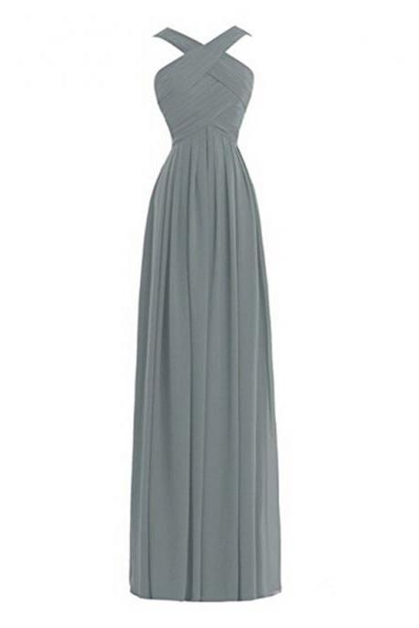 Women's Formal Long Bridesmaid Dress With Straps Chiffon Prom Gowns A-line Bridal Evening Dress