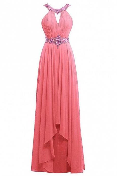 Women's Long Scoop Prom Gowns Beaded Chiffon Bridesmaid Dresses Backless Evening Gowns