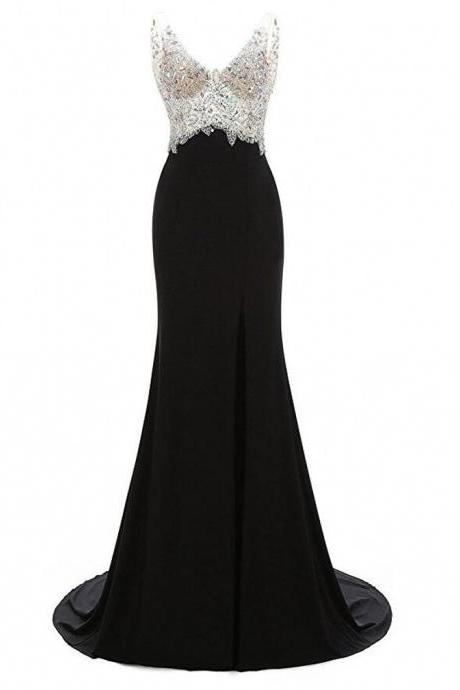Women's Mermaid Prom Dress V-neck Evening Gowns Chiffon Beaded Prom Gowns Long Evening Dresses