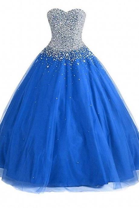 Women's Sweetheart Ball Gown Beaded Prom Dresses Tulle Beading Quinceanera Dresses Long Evening Gowns
