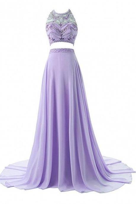 Women's Two Pieces Evening Gowns Chiffon Beaded Prom Dresses Long A-line Prom Gowns Halter Evening Dresses