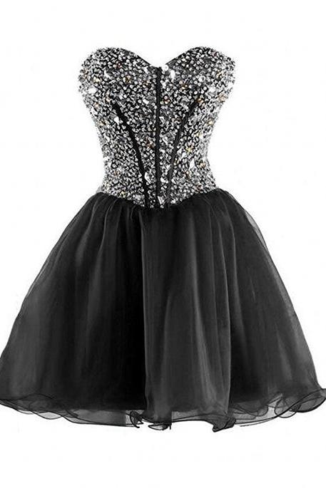 Women's Short Crystals Prom Gowns Tulle Beaded Homecoming Dresses Sweetheart Cocktail Party Dress A-line Prom Dresses