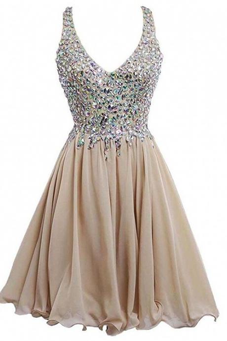 Women&amp;#039;s Chiffon Beaded Prom Gowns Short Diamond Homecoming Dresses V-neck Cocktail Party Dress A-line Prom Dresses