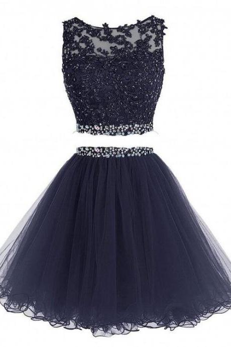 Women's A-line Two Pieces Short Prom Gowns Beaded Lace Appliques Homecoming Dresses