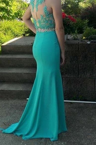 Turquoise Mermaid Satin Prom Dresses Crew Neck Appliques Beaded Evening Dress Party Formal Dress Gowns Vestidos