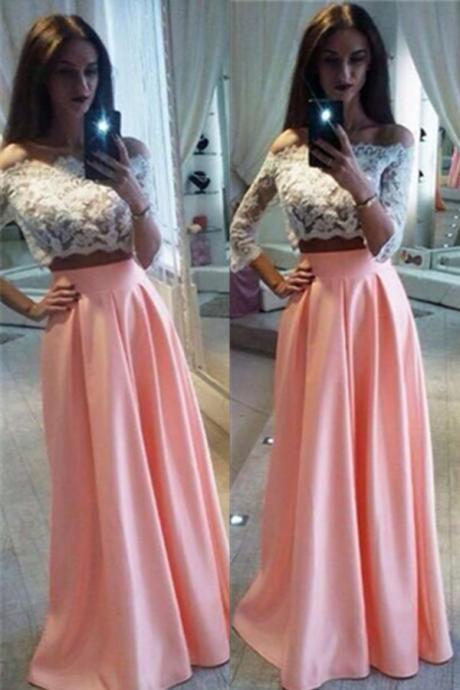 Blush Pink Prom Dresses,3/4 Sleeves Lace Prom Dress,Pretty Girly A-line Prom Gowns,Handmade Simple Prom Dress For Teens,Two Pieces Party Dresses